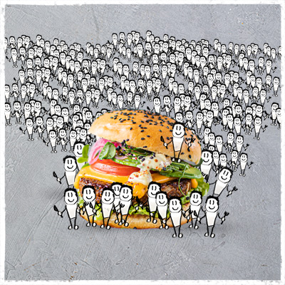 Viele gezeichnete Personen vor und um einen Insektenburger